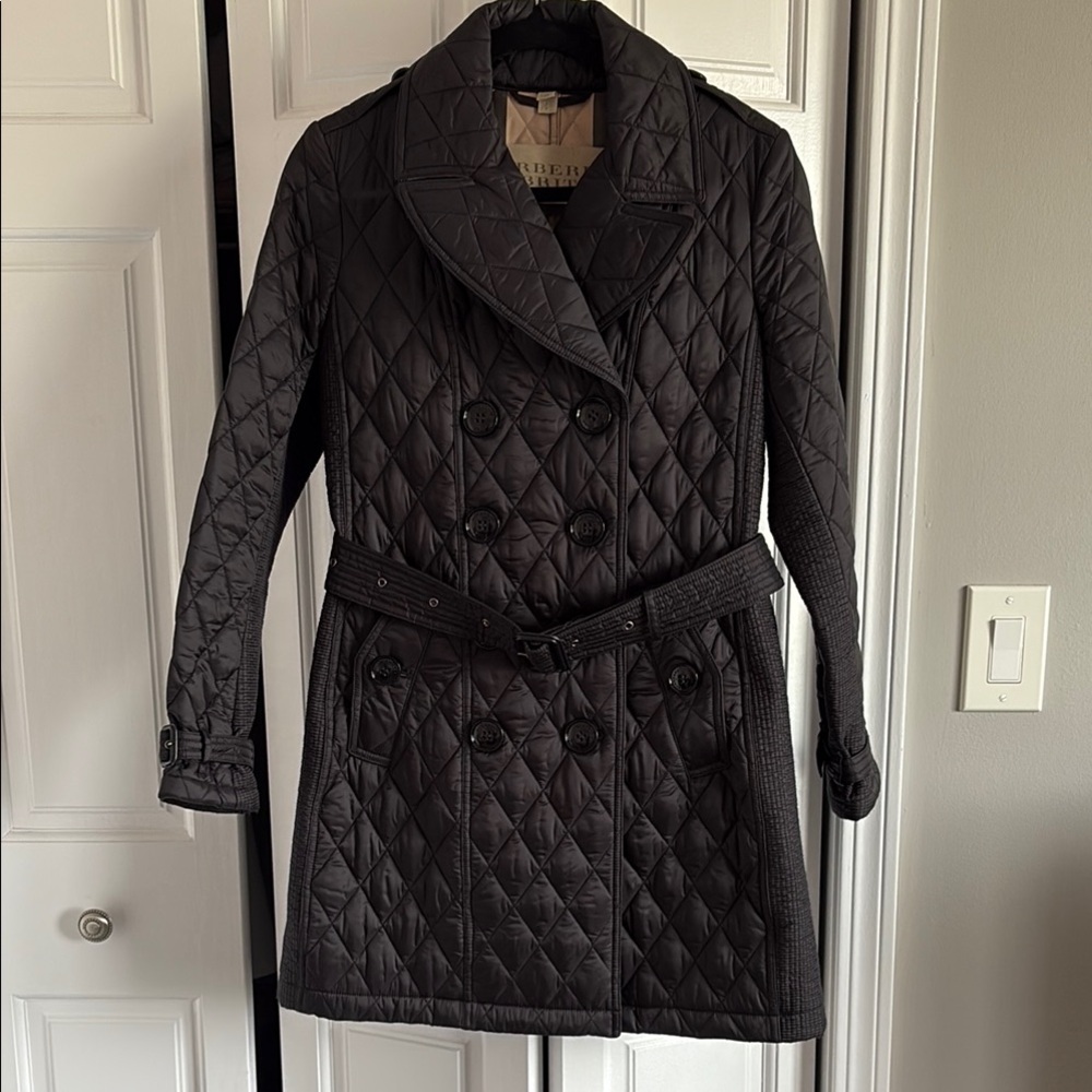 Burberry Black Quilted Trench Coat with Belted Waist